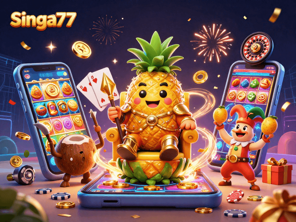 Experience the thrill at singa77 with a vibrant beach casino illustration showcasing exciting games and celebration.