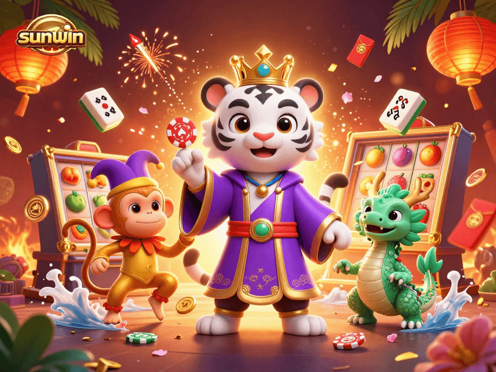 Win big with sunwin's vibrant casino scene featuring a tiger, monkey, and lively gaming elements.