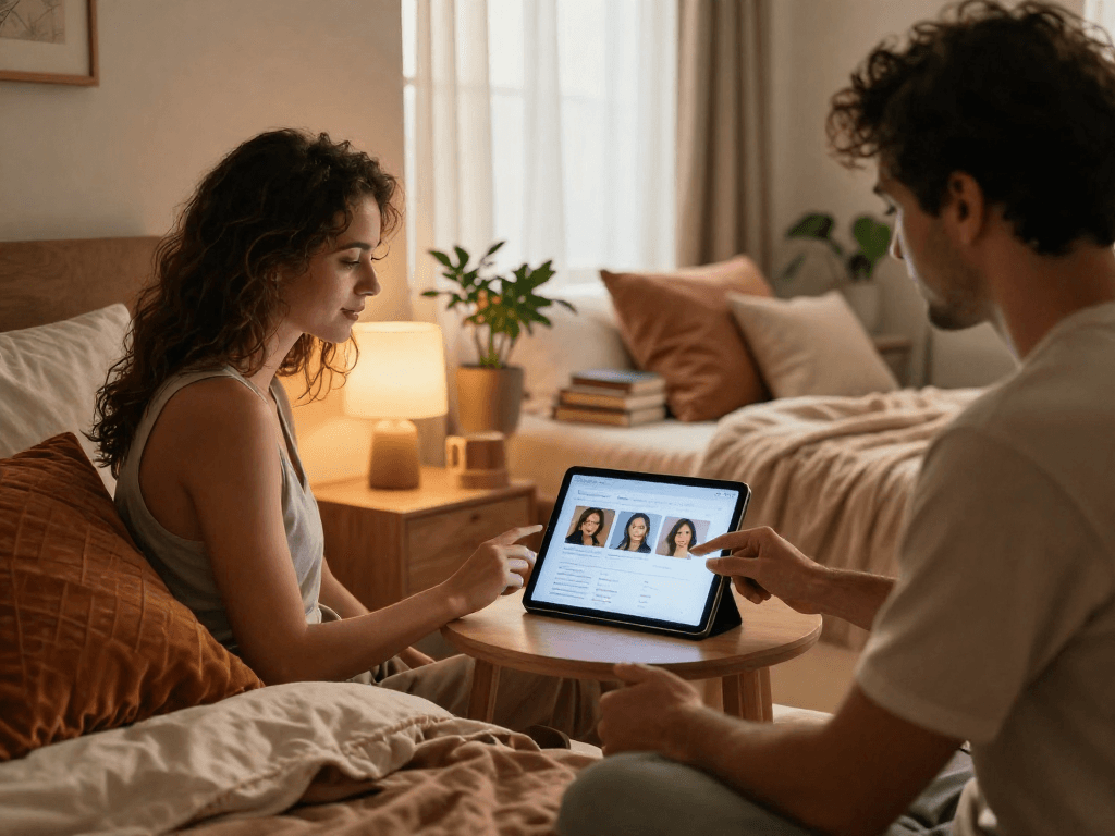 Couple using a sex AI device in a stylish bedroom for intimate moments.