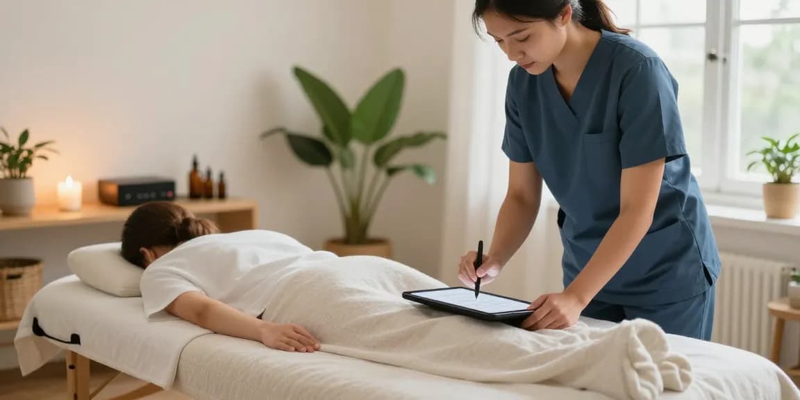 강남출장안마 - therapist setting up a relaxing home massage space with essential oils and warm lighting.