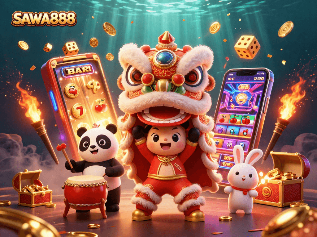 Witness the excitement of SAWA888 with a vibrant lion dance and jackpot explosion.