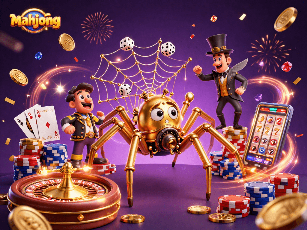 Experience thrilling mahjong action with golden spider traps and casino elements in a vivid 3D scene.