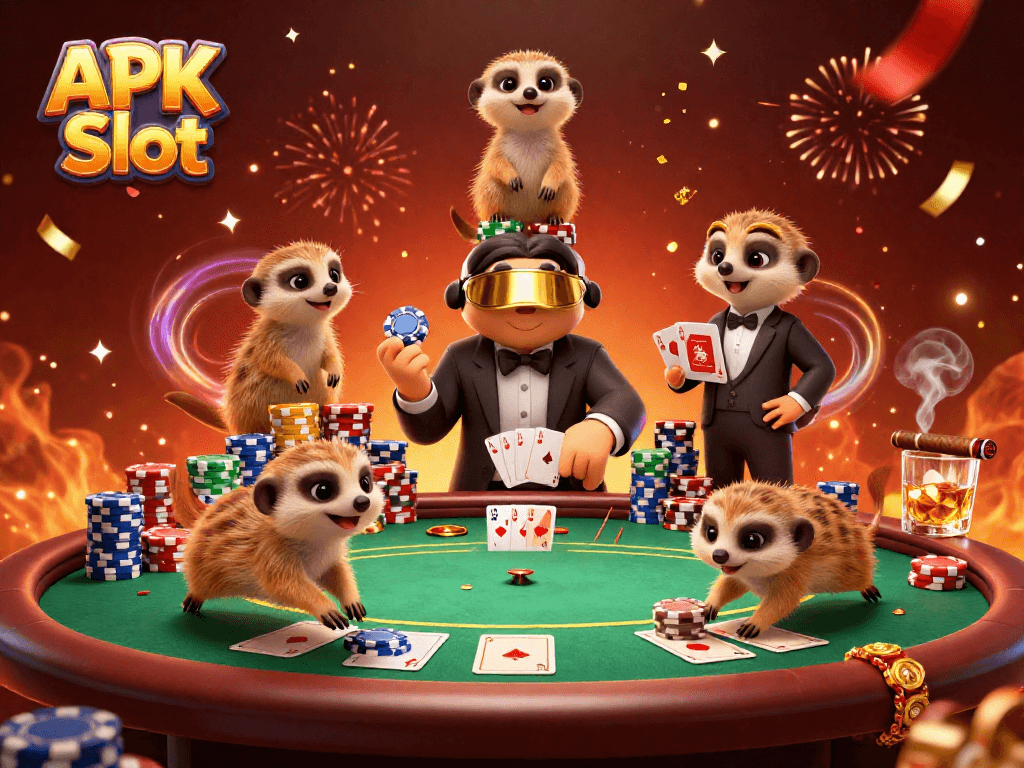 Engage with APK Slot through a lively meerkat casino scene filled with poker chips and playful characters.