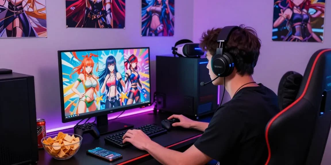 Engaging player exploring hentai games on computer with anime decor and vibrant lighting