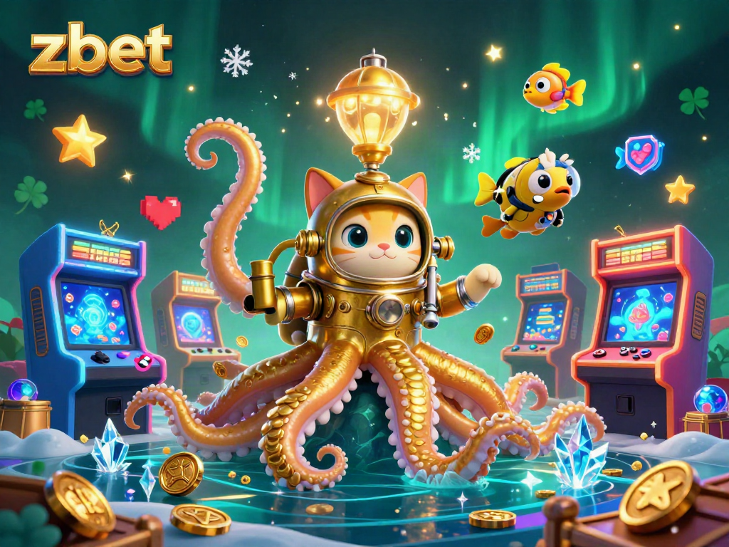 Experience thrilling gaming action with zbet in this vibrant underwater casino scene featuring a kraken and treasure.