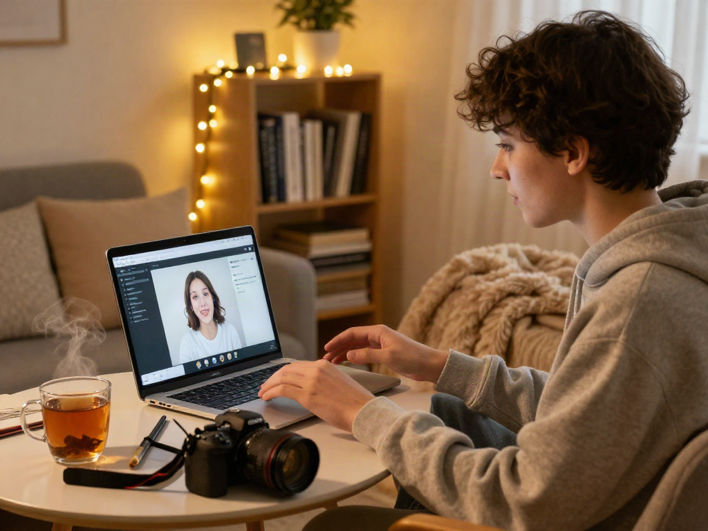 Cozy sexchat scene featuring a young person engaging in an intimate video call in a warmly lit room with creative props.