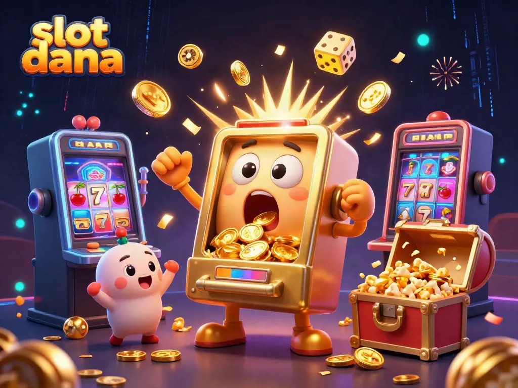 Experience the excitement with slot dana as golden slot machines hit jackpots while cheering towards coins pouring out.