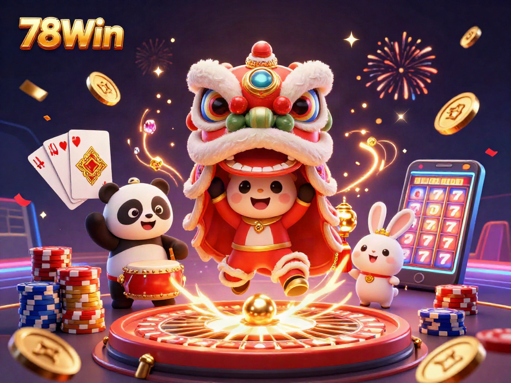 Experience the excitement of 78Win with a vibrant illustration of a colorful casino scene.