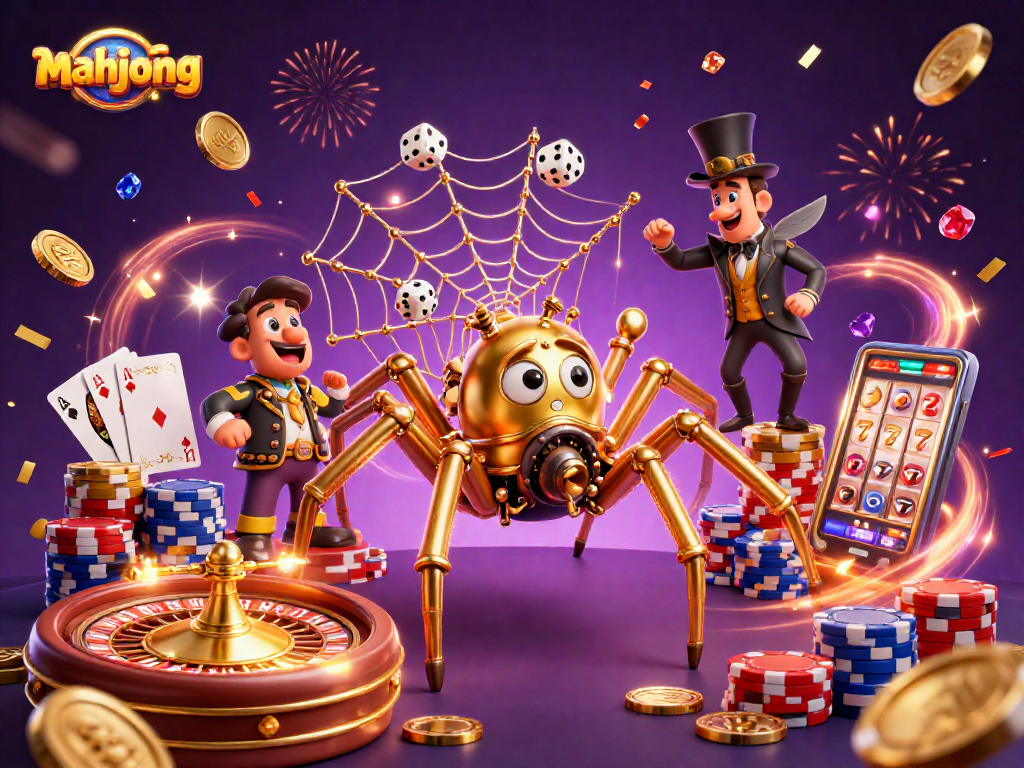 Experience thrilling mahjong action with golden spider traps and casino elements in a vivid 3D scene.