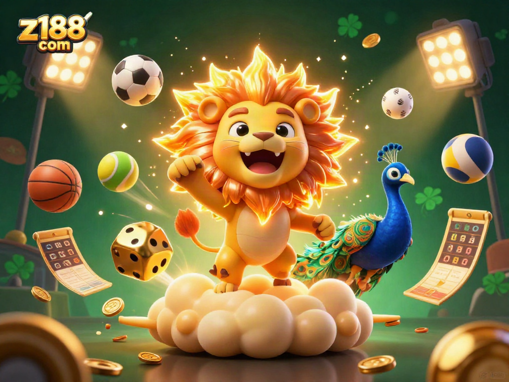 Engage with z188 com thrilling sports betting featuring a roaring sun lion, golden dice, and dynamic game elements.