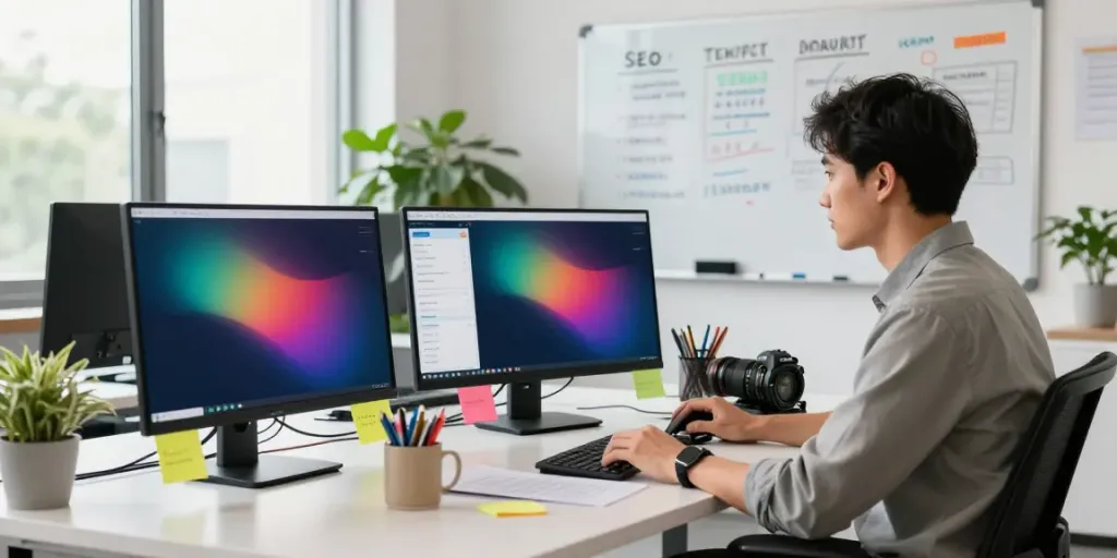 Conceptual scene of digital marketer using SEO tools for instant indexing strategy.