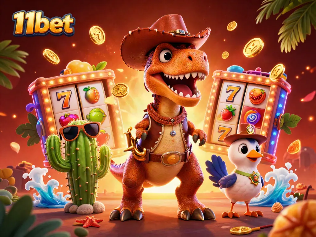 Experience thrilling slots action with 11bet, featuring a cartoon T-Rex alongside vibrant casino elements.