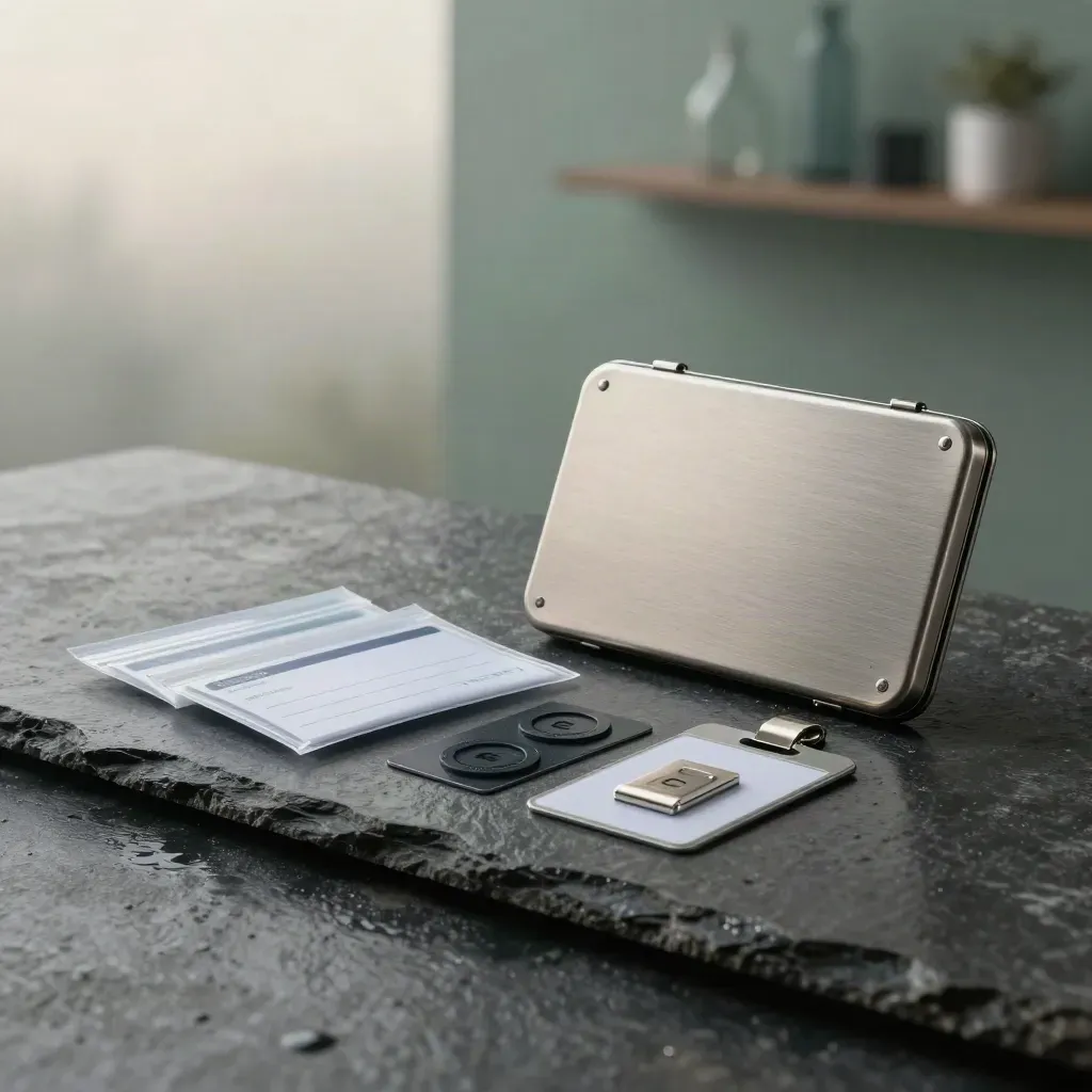 Fraud investigation kit with case box, evidence pouches, payment cards and NFC tokens on wet stone.