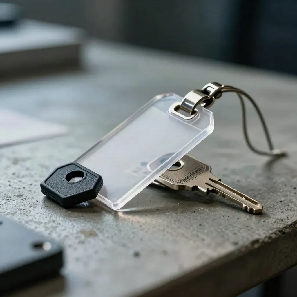Macro of a clear evidence tag, black data key and metal tab on concrete in moody light
