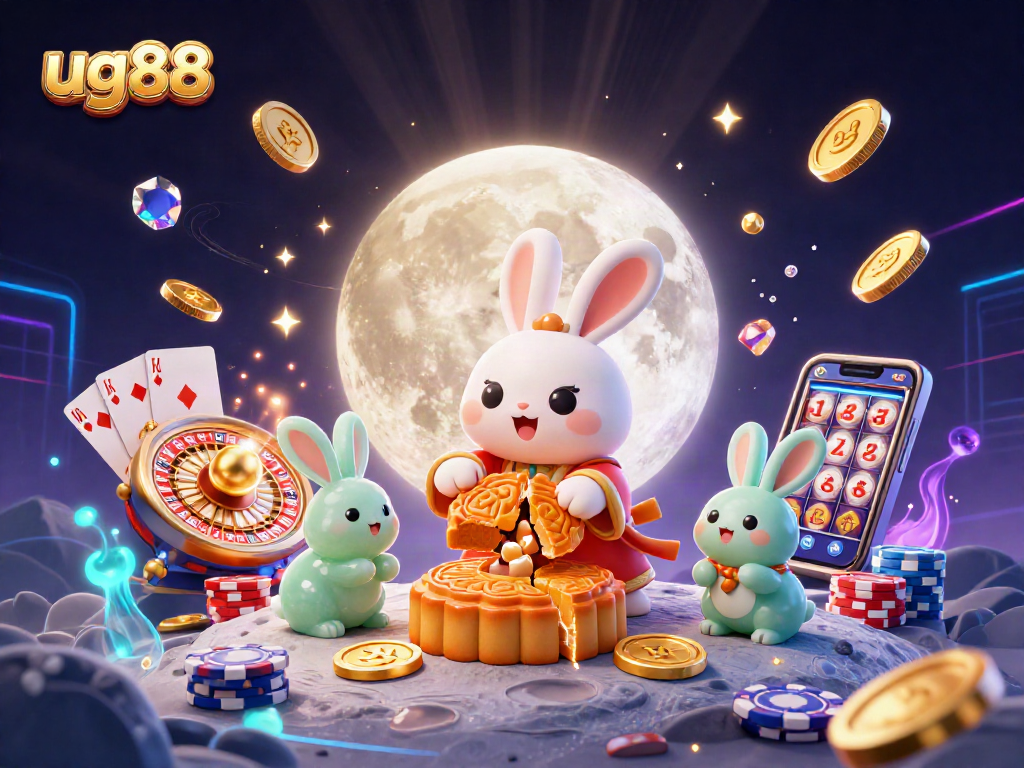 Engage with ug88 adventure featuring a moon rabbit and poker chips amidst casino elements.