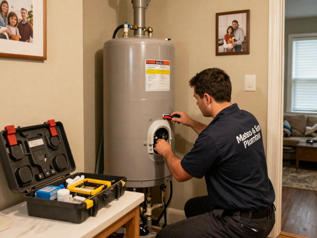 Mateo and Sons Plumbing technician inspecting water heater in a Fort Worth home, demonstrating reliable plumbing services.