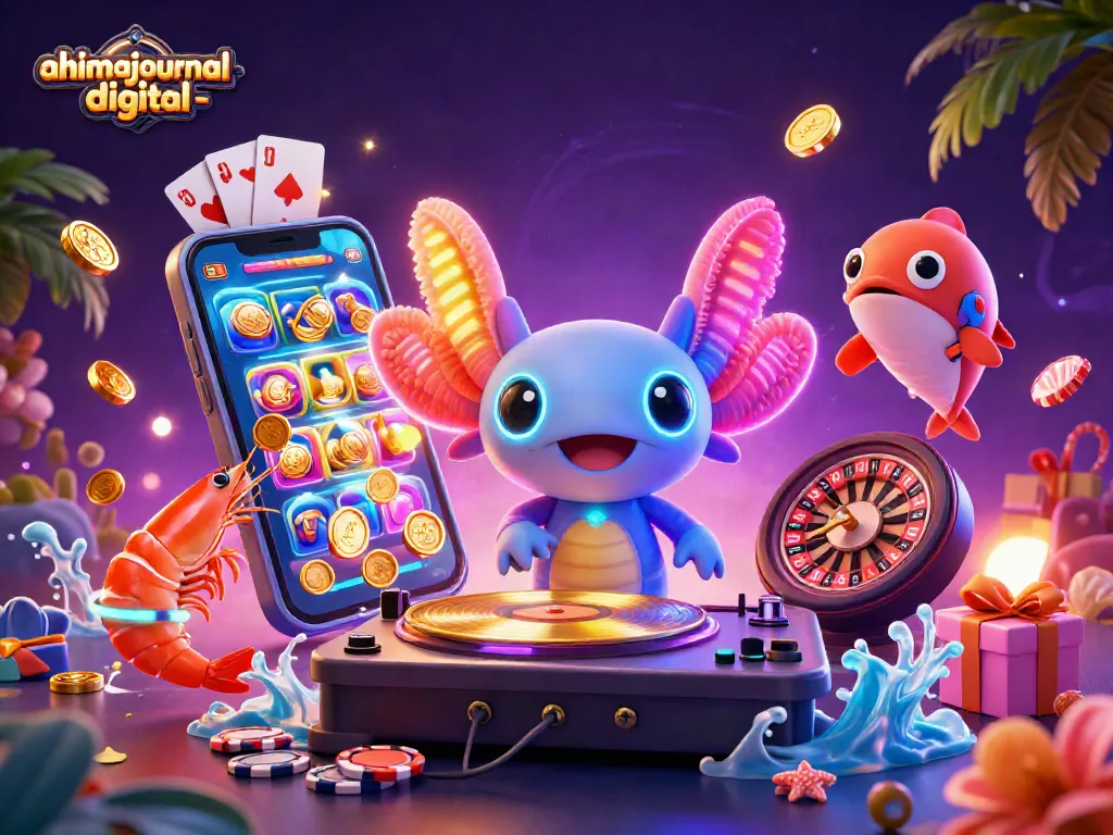 Engage in vibrant gaming experiences at ahimajournal-digital with energetic axolotl DJ, shrimp dancers, and exciting casino elements.