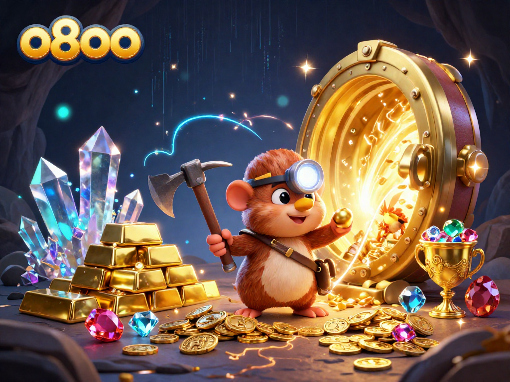 Experience thrilling wins with o8oo in a vibrant casino treasure scene full of gold and gems.