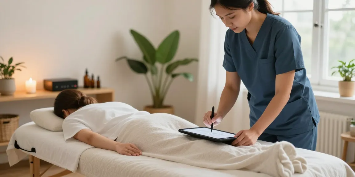 강남출장안마 - therapist setting up a relaxing home massage space with essential oils and warm lighting.