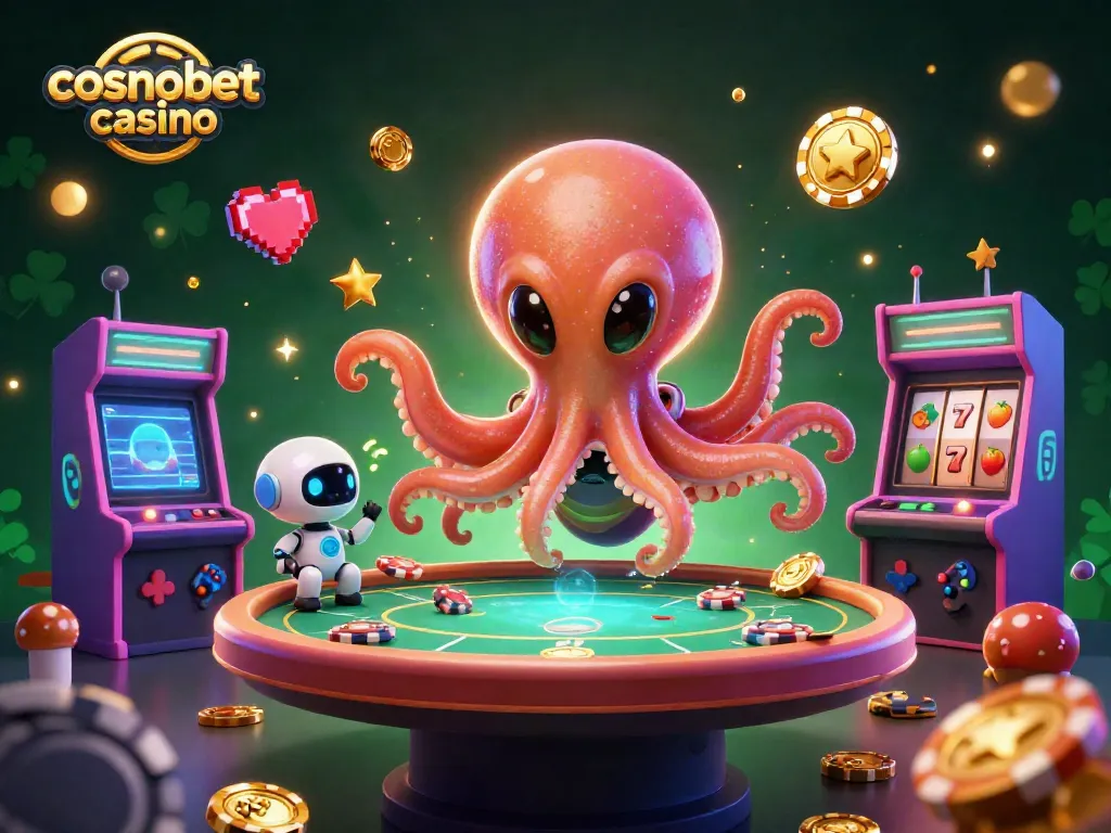 Enjoy the vibrant action at cosmobet casino with an alien octopus and mini robot, gaming in space.