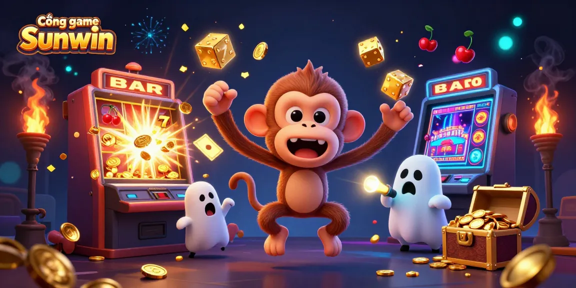 Cổng game Sunwin showcases a playful poltergeist monkey juggling gold as a curious puppy tracks it in a vibrant casino scene.