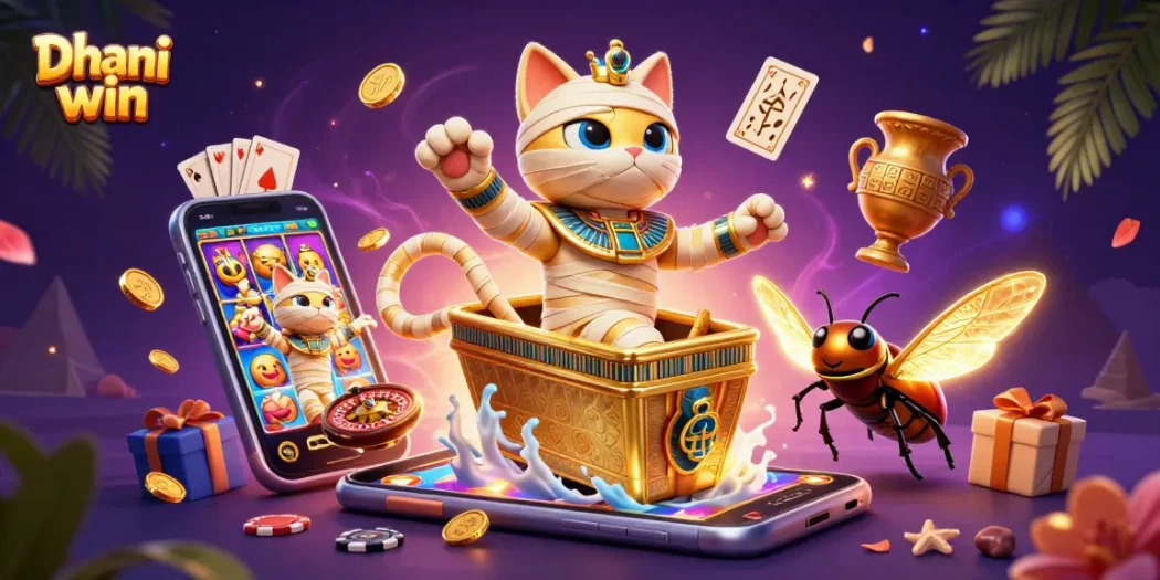 Dhani win illustration with an Egyptian mummy cat and gold elements for thrilling gaming experience