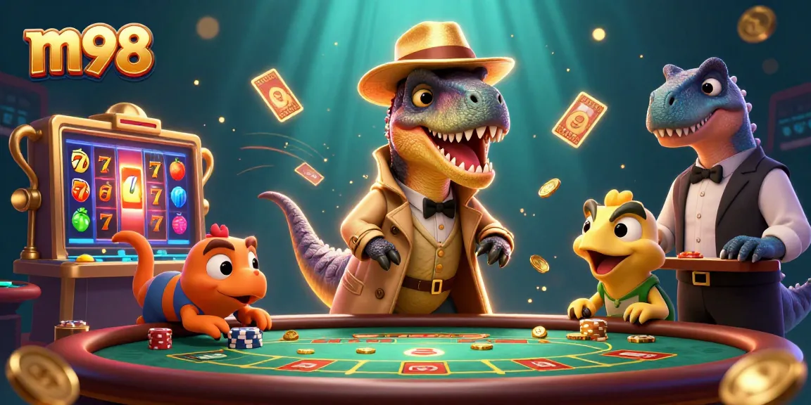 m98 velociraptor card counter sneaking chips at a vibrant casino blitz with slot elements.