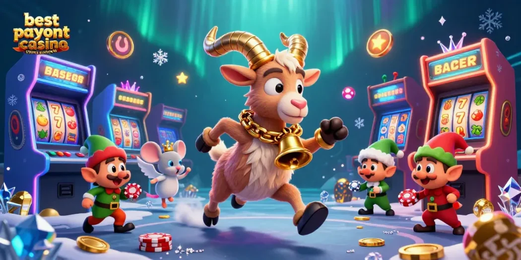 Engaging scene depicting a Krampus goat managing a casino, illustrating the best payout casino online Australia theme.