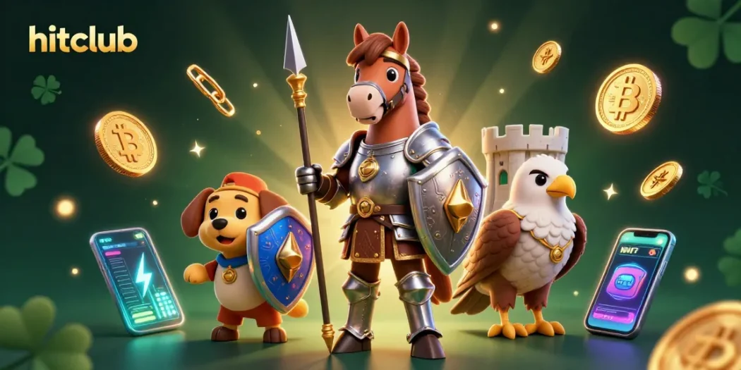 Join the hitclub gaming adventure with a vibrant scene featuring knights and crypto coins.