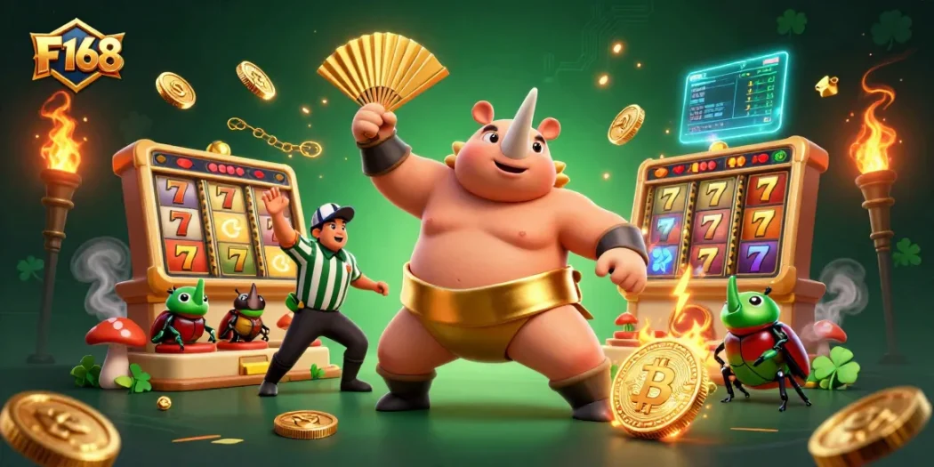 Experience thrilling gameplay with F168's dynamic beetles celebrating wins in this lively casino illustration.