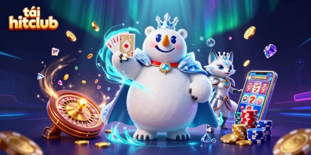 Join the excitement by tải hitclub with a magical scene featuring an ice king polar bear, a snow fox, and dynamic casino elements.