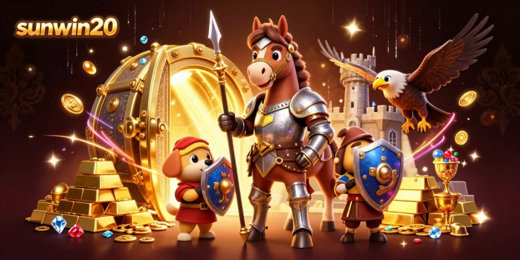 Experience grand wins at sunwin20 with an animated knight, puppy, and falcon in an exciting casino scene.