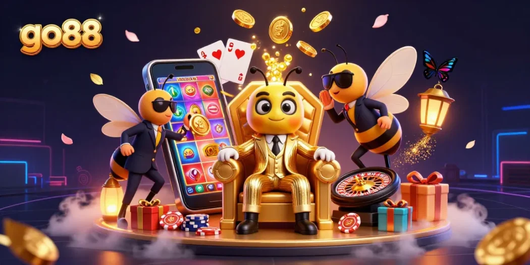 Experience the excitement of go88 with a vibrant, dynamic casino scene featuring colorful slot games and characters.