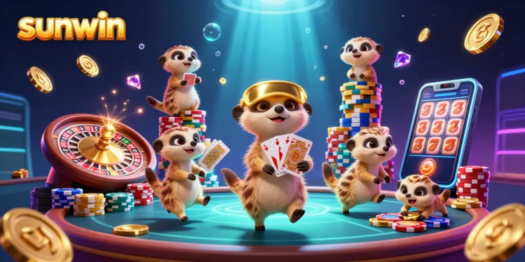 Experience sunwin's vibrant gaming atmosphere with energetic meerkats in an elaborate casino setting.