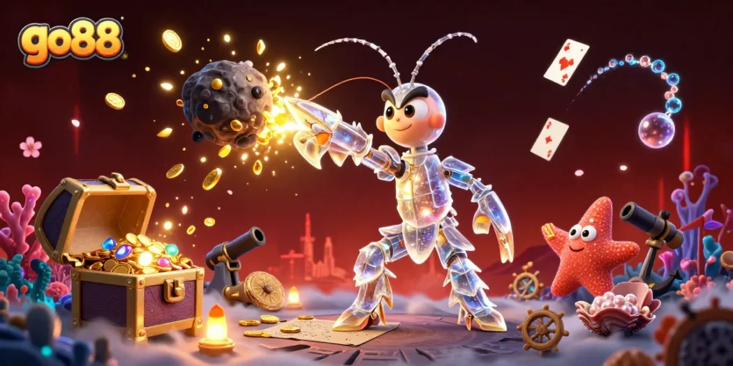 Experience the thrill of go88's vibrant casino scene depicted through 3D artwork featuring exciting gambling action.
